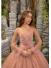 Blush Pink And Cappuccino Lace Tulle Pearls Flower Girl Dress